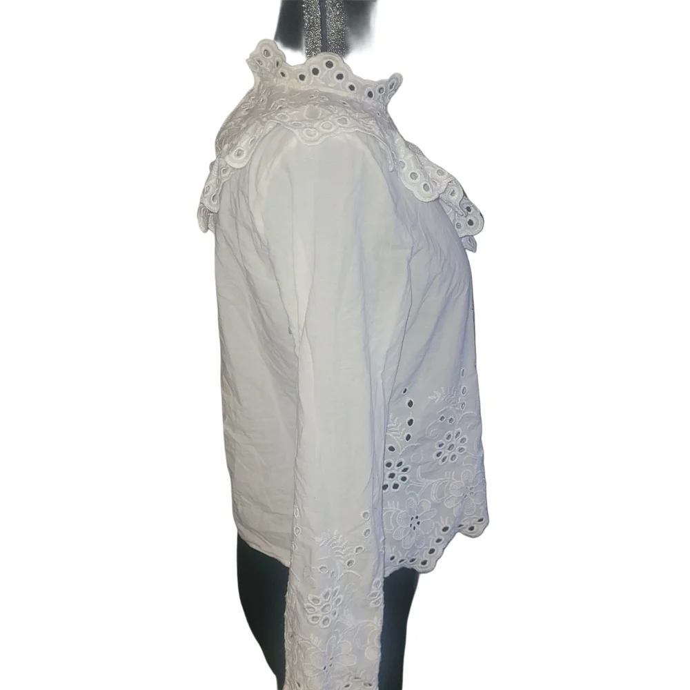 Zara Basic Elegant White Embroidered  Ruffle Detail Top Size L - Picture 4 of 7